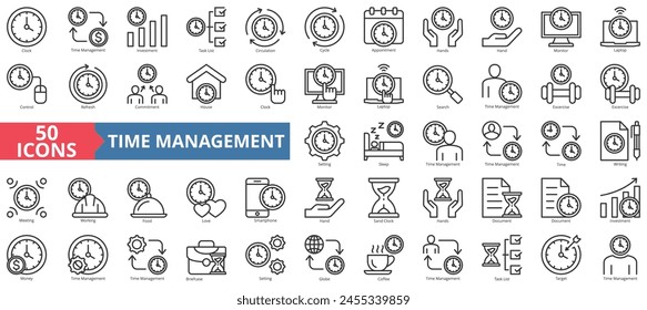 Time management icon collection set. Containing clock, sand, money, task list, target, hand, house icon. Simple line vector.