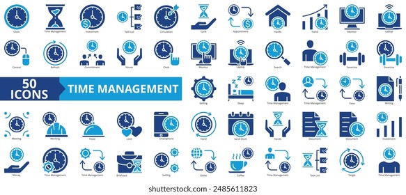 Time management icon collection set. Containing clock, sand, money, task list, target, hand, house icon. Simple flat vector.