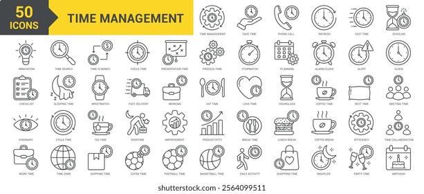 Time Management icon collection set. Containing time, management, save time, schedule, refresh, fast time, deadline, innovation, stopwatch, planning, alarm clock, alert icon. Simple line vector