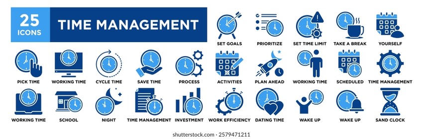 Time Management icon collection set. Containing design Set Goals Correctly, Prioritize wisely, Set Time Limit, Take A Break , Organize Yourself	