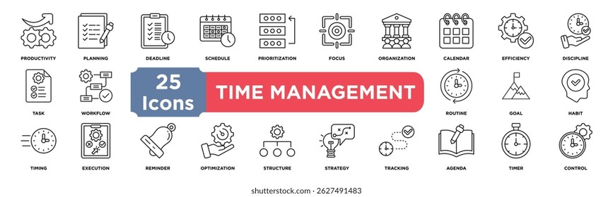 time management icon collection set. Containing productivity,planning,deadline,schedule,prioritization,focus,organization,calendar,efficiency,discipline icon. Simple line vector.	