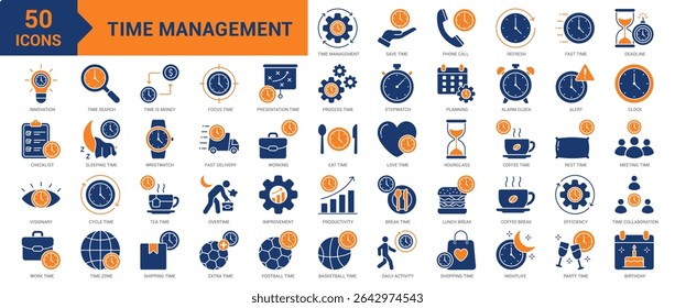 Time Management icon collection set. Containing overtime, save time, schedule, efficiency, productivity, fast time, deadline, stopwatch, planning, alarm clock, alert, deadline icon. Simple flat vector
