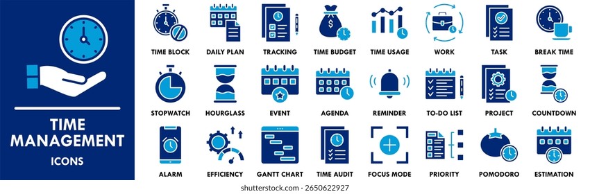 Concepto de la ilustración del icono del Web del Anuncio de la gestión del tiempo con el icono de la gestión, tiempo, negocio, horario, estrategia