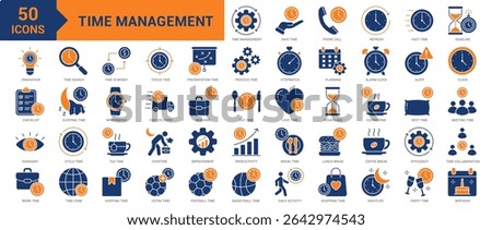 Time Management icon collection set. Containing overtime, save time, schedule, efficiency, productivity, fast time, deadline, stopwatch, planning, alarm clock, alert, deadline icon. Simple flat vector