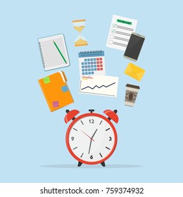 Time Management Icon. Concept Planning, Time Organization Of Working Day. A Set Of Elements For Infographic: Alarm Clock, Diary, Calendar, Phone, To Do List, Envelope, Hourglass, Coffee Cup. Vector