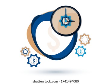 Icono de administración de tiempo. El concepto creativo de tiempo es dinero. Dólar, equipo, reloj. Ilustración del vector