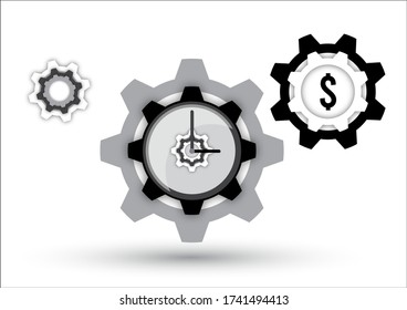 Icono de administración de tiempo. El concepto creativo de tiempo es dinero. Dólar, equipo, reloj. Ilustración del vector