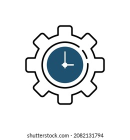 time management icon with gear and clock. flat linear trend modern technical logotype graphic stroke art design infographic web element isolated on white. concept of work flow pictogram or develop