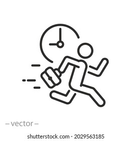Zeitmanagement-Symbol, Arbeitsorganisation, geschäftige Karriere, laufender Geschäftsmann- und Uhrenkreis, übereilter Termin, dünne lineare Vektorgrafik - bearbeitbarer Schlaganfall