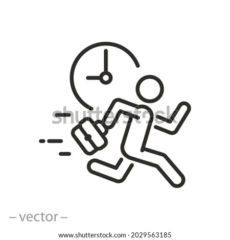 time management icon, organize hours work, busy schedule career, running businessman and clock circle, rush job deadline, thin linear vector illustration - editable stroke