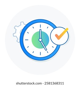 Time Management Icon, Productivity and Task Completion Symbol. Blue Clock with Checkmark Icon.