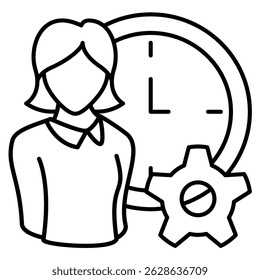 Zeitmanagement Symbol durch Frauen, Wanduhr, Ausrüstung Linie Stil dargestellt.