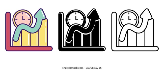 Time Management icon represented by wall clock, chart Line, Filled, Color style.