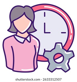 Time Management icon represented by women, wall clock, gear Lineal Color style.
