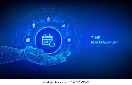 Time management icon in robotic hand. Planning, organization and working time. Project management efficiency succesful strategy concept on virtual screen. Vector illustration.