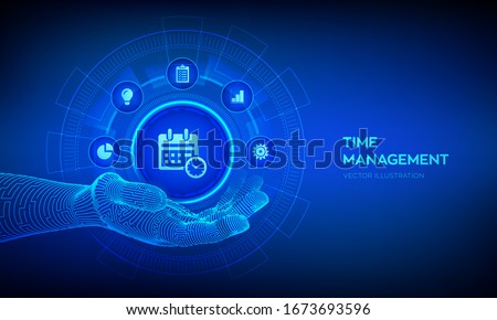 Time management icon in robotic hand. Planning, organization and working time. Project management efficiency succesful strategy concept on virtual screen. Vector illustration.