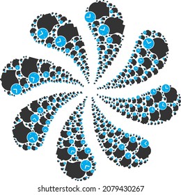 La forma de los fuegos artificiales de la turbina de movimiento de rotación de iconos de gestión del tiempo. Curl de rotación organizado a partir de símbolos de gestión de tiempo dispersos.