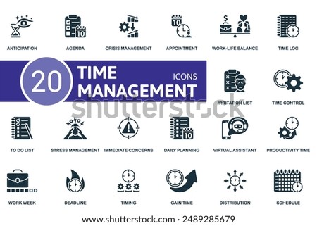 Time Management icon set. Anticipation, Agenda, Crisis Management, Appointment, Work-Life Balance, Time Log, Irritation List, Time Control, To Do List, Stress Management icons and more