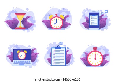 Time management icon set,  Business scheduling app. Flat vector illustration.