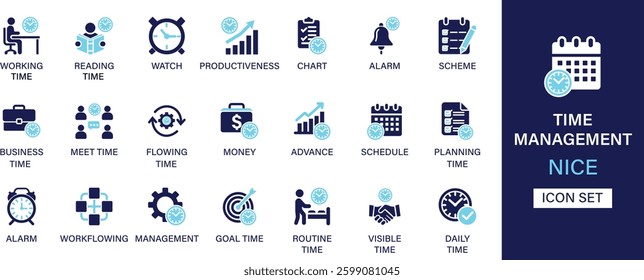 Time management icon set collection. Working, reading, watch, productiveness, chart, alarm, scheme, business, meeting and best solid icon set.