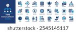 Time management icon set. Containing schedule, to-do list, task, manage time, planner, calendar, delegation, reminder, timer, set priorities and more. Solid vector icons collection.
