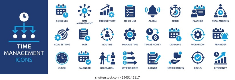 Ícone de gerenciamento de tempo definido. Contendo agenda, lista de tarefas pendentes, tarefa, tempo de gerenciamento, planejador, calendário, delegação, lembrete, temporizador, definir prioridades e muito mais. Coleção de ícones de vetor sólido.