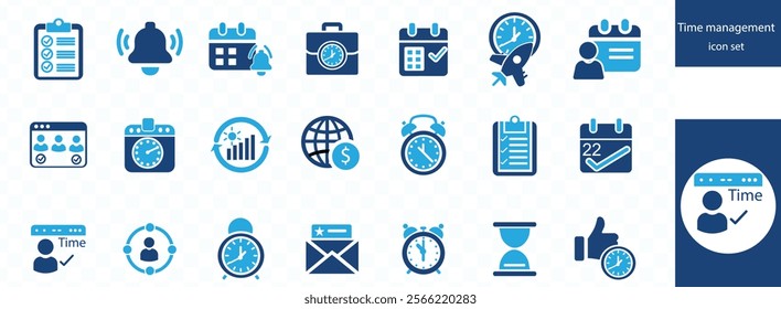 Time management icon set. Containing schedule, to-do list, task, manage time, planner, calendar, delegation, reminder, timer, set priorities and more.