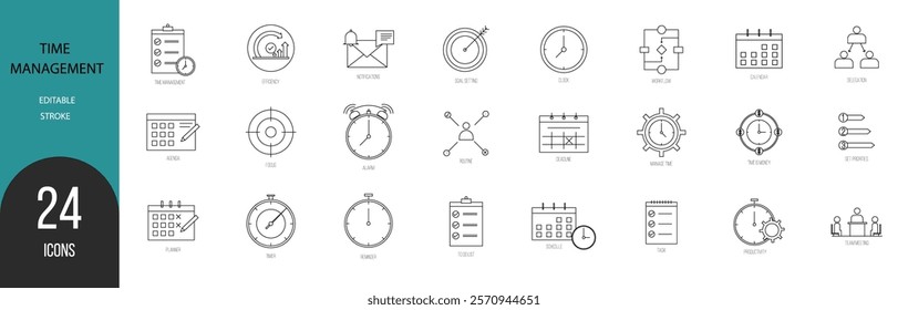 Time management icon set. Containing schedule, to-do list, task, manage time, planner, calendar, delegation, reminder, timer and more.