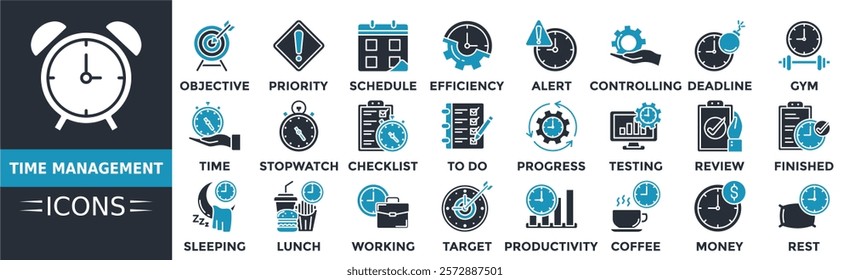 Time management icon set. Containing objective, priority, schedule, reminder, efficiency, alert, deadline, gym and more. Solid vector icons collection