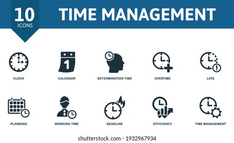 Time Management icon set. Contains editable icons time management theme such as calendar, overtime, planning and more.