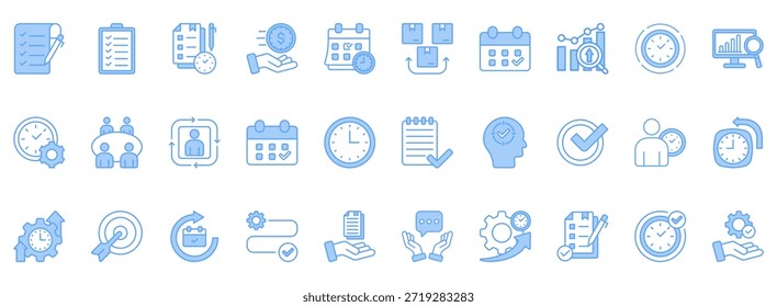 Symbolsatz für die Zeitverwaltung. Enthält Symbole, die für das Unternehmen relevant sind. Konzipiert in Vektor linear blau Stil