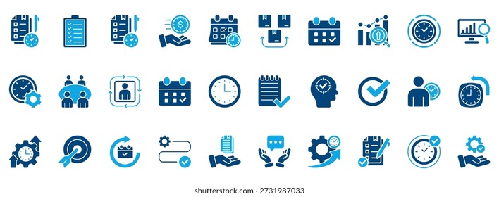 Time Management Icon Set. Contains Icons That Are Relevant For Business. Designed In Vector Dual Tone Style