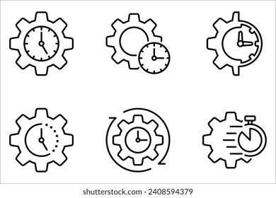 Juego de iconos de administración de tiempo. Ilustración vectorial de la línea de tiempo. Contorno aislado de flujo de trabajo sobre fondo blanco.