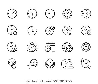 Time Management icon set To Do List, Timer, Speed, Alarm, Restore, Time, 24 hour clock, Calendar outline icons vector symbol logo illustration line editable stroke on  white 