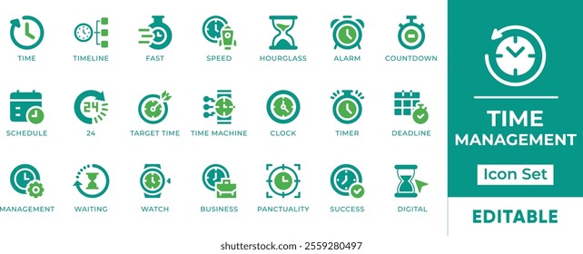 Time Management Icon Set. Features editable icons for time management symbols, productivity, efficiency, scheduling, planning, deadlines, etc. Perfect for businesses, professionals, and students.