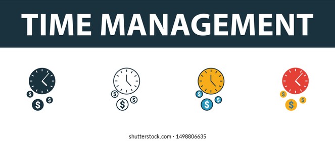 Time Management icon set. Four elements in diferent styles from online marketing icons collection. Creative time management icons filled, outline, colored and flat symbols.