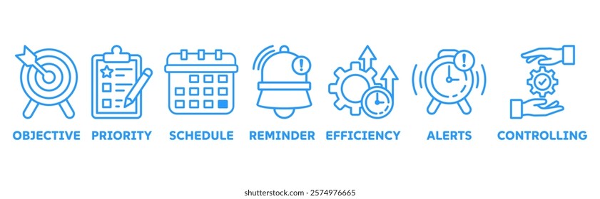 Time Management icon set illustration concept with icon of objective, priority, schedule, reminder, efficiency, alert, controlling	
