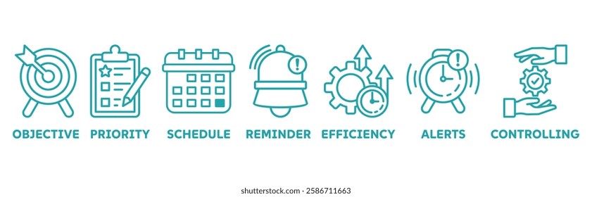 Time Management icon set illustration concept with icon of objective, priority, schedule, reminder, efficiency, alert, controlling