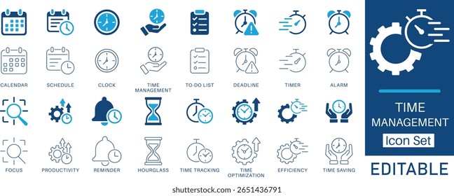 Conjunto de iconos de administración de tiempo. Incluye productividad, eficiencia, programación, planificación, plazos y seguimiento de tiempo. Perfecto para empresas, profesionales, planificación, organización y ahorro de tiempo.