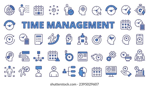 Time management icon set line design blue. Time, manager, icon, development, business vector illustrations. Time management editable stroke icons