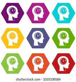 Time management icon set many color hexahedron isolated on white vector illustration