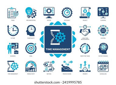 Zeitmanagement-Symbol gesetzt. Planung, Planung, Produktivität, Projekt, Aufgaben, passives Einkommen, Umsetzung, Priorität. Duotone-Farbsymbole