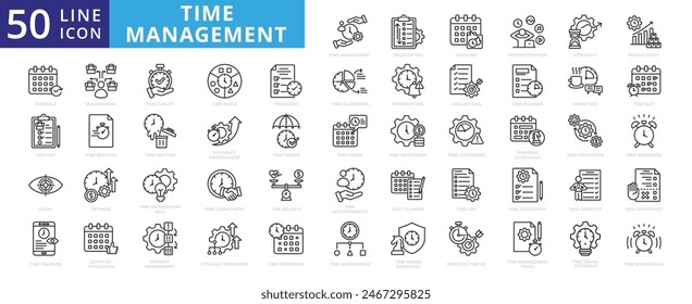 Time management icon set with prioritization, deadline, procrastination, efficiency, productivity, schedule, task list and focus.