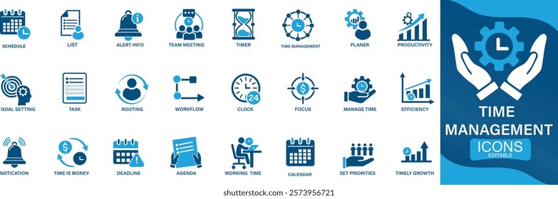 Time management icon set schedule, to-do list, task, manage time, planner, calendar, delegation, reminder, timer, You can easily change the color