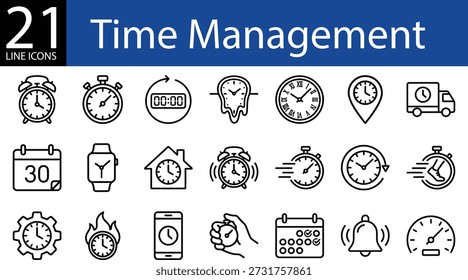 Zeitmanagement-Symbol in dünner Linie, in Uhren, Alarmen, Zeitplänen, Zeitgebern und Terminen