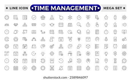 Time management icon set. Timer, alarm, schedule, hourglass, clock icons. Outline time and clock icon collection.
