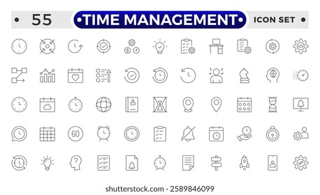 Time management icon set. Timer, alarm, schedule, hourglass, clock icons. Outline time and clock icon collection.
