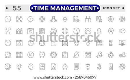 Time management icon set. Timer, alarm, schedule, hourglass, clock icons. Outline time and clock icon collection.
