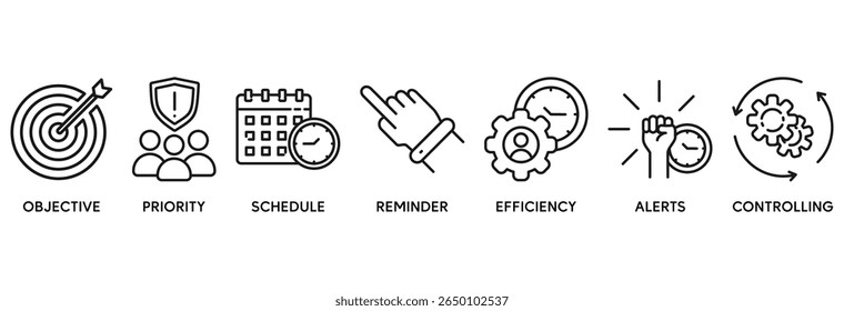 Time management icon set vector illustration concept relate to objective, priority, schedule, reminder, efficiency, alerts, and controlling