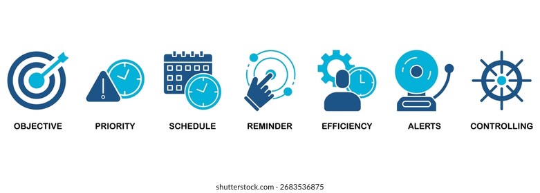 Zeitmanagement-Icon setzt Vektorgrafik-Konzept für Ziel, Priorität, Zeitplan, Erinnerung, Effizienz, Warnungen und Steuerung